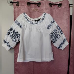 Tommy Hilfiger White Cotton Blouse W/Blue Embroidered Balloon Sleeves Warm Sun